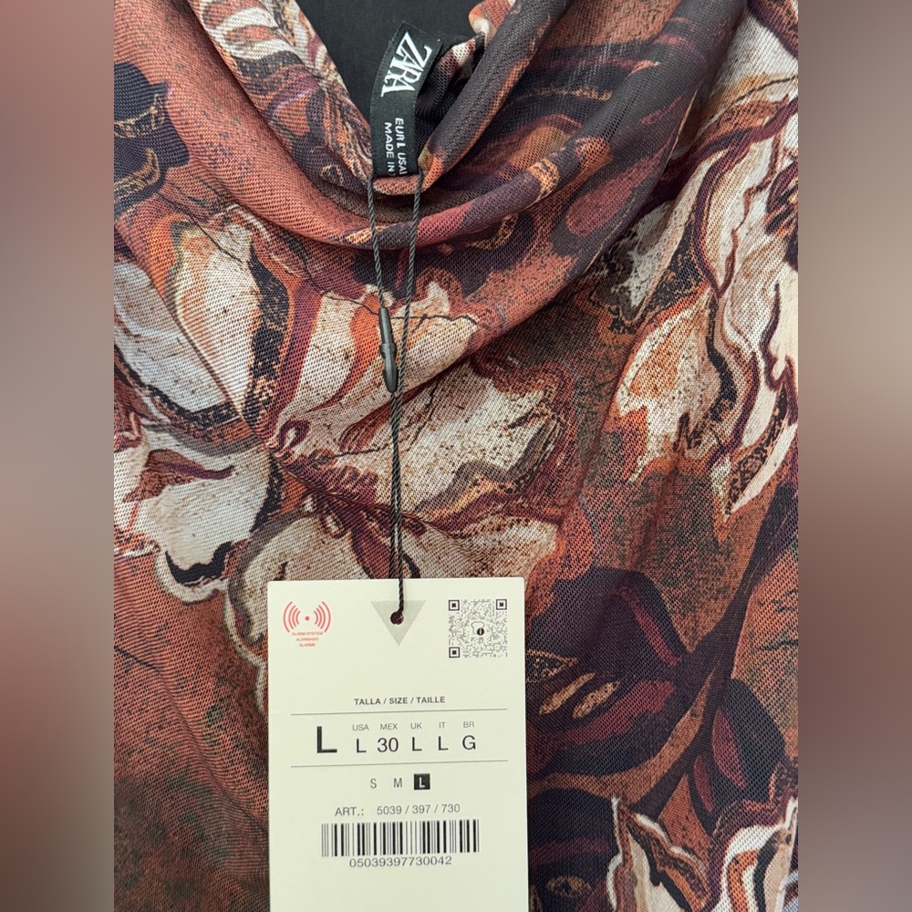 ZARA 5039/397 090 PRINTED TULLE DRESS size large light brown - Picture 11 of 14